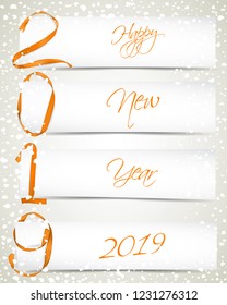 Vector illustration of New Year 2019 made of golden ribbons with paper cards and snowfall