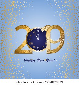 Vector illustration of New year 2019. Stars and sweets. Waiting time for the holiday. A gold watch with a blue dial.