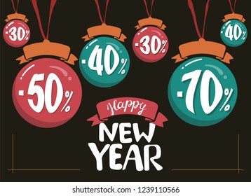 vector illustration of new year 2019 sale with ball -50% -70% -40% -30% place for text.template, banner, greeting card.