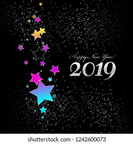 Vector illustration of New Year 2019. Bright colored stars and sparkles on a black background