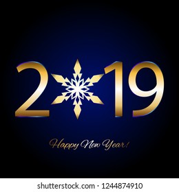 Vector illustration of New Year 2019. Gold snowflake on a blue background