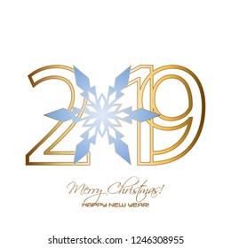 Vector illustration of New Year 2019. Merry Christmas! Snowflake