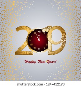 Vector illustration of New year 2019. Stars and sweets. Waiting time for the holiday. A gold watch with a red dial.