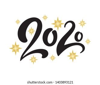  Ilustración vectorial. Plantilla de postal de Año Nuevo 2020 con números y estrellas brillantes aisladas en fondo blanco.