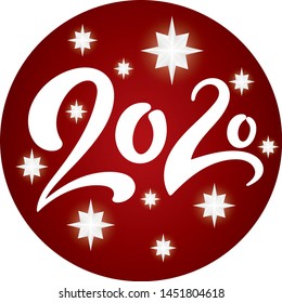 Vector illustration. New Year 2020 postcard template with numbers and shining stars isolated on red ball background.