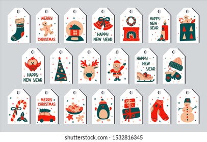 Vector illustration - New Year 2020 and Christmas set of gift tags in the style of Scandinavian simple hand drawing. Traditional holiday cute characters. Bright labels for printing.