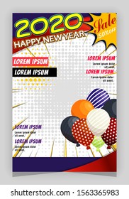 Vector illustration of new year 2020 party poster comic art any balloons. 