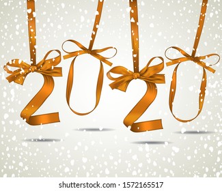 Vector illustration of New Year 2020 made of gold ribbons with snowfall