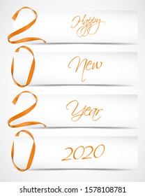 Vector illustration of New Year 2020 made of golden ribbons with paper cards