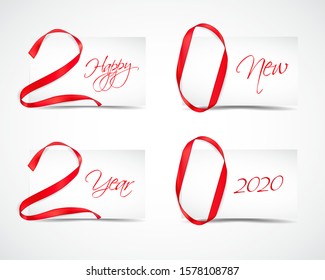 Vector illustration of New Year 2020 made of red ribbons with paper cards
