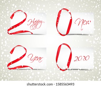 Vector illustration of New Year 2020 made of red ribbons with paper cards and snowfall