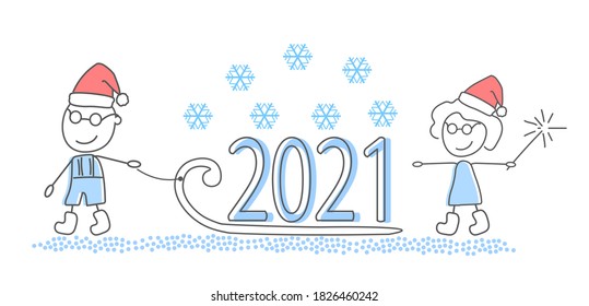 Vector illustration for the new year 2021. Banner, postcard man and woman, sleigh and snowflakes. Santa Claus and holiday.