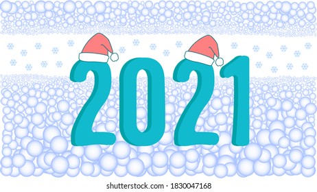 Vector illustration for the new year 2021. Banner, postcard text 2021 and snowflakes. Santa Claus, snow and holiday.