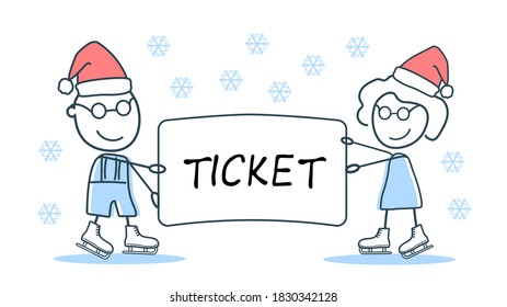 Vector illustration for the new year 2021. Banner, postcard man and woman, skates, snowflakes and invitation card. Santa Claus and holiday.