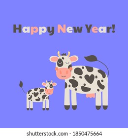 Vector illustration.  New year 2021. Cute mother cow with baby. Funny farm animals for kids.