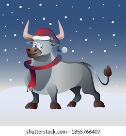 Vector illustration for the new year 2021. Year of the white bull. Snow and the inscription happy new year. For a postcard or Notepad. White bull