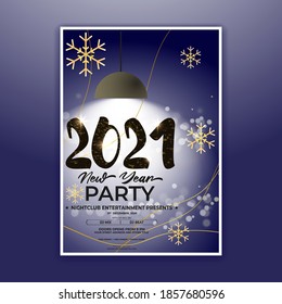 Vector illustration of New Year 2021 party invitation poster with beautiful bokeh background, New year DJ party poster , flyer, big party, free drinks & food, dj night, disco night