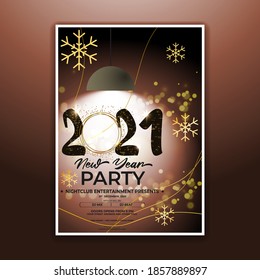 Vector illustration of New Year 2021 party invitation poster with beautiful bokeh background, New year DJ party poster , flyer, big party, free drinks & food, dj night, disco night