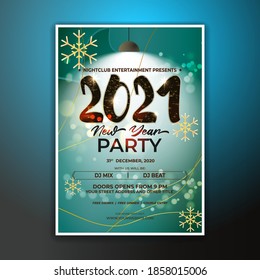 Vector illustration of New Year 2021 party invitation poster with beautiful bokeh background, New year DJ party poster , flyer, big party, free drinks & food, dj night, disco night