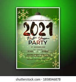 Vector illustration of New Year 2021 party invitation poster with beautiful bokeh background, New year DJ party poster , flyer, big party, free drinks & food, dj night, disco night