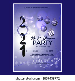 Vector illustration of New Year 2021 party invitation poster with beautiful bokeh background, New year DJ party poster , flyer, big party, free drinks & food, dj night, disco night