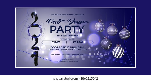 Vektorgrafik von Neujahr 2021 Party-Einladung Poster mit schönem Bokeh-Hintergrund, New Year DJ Party Poster , Flyer, Big Party, Free Drinks & Food, DJ-Nacht, Disco-Nacht