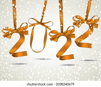 Vector illustration of New Year 2022 made of gold ribbons with snowfall