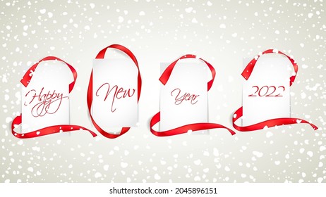 Vector illustration of New Year 2022 made of red ribbons with paper cards and snowfall