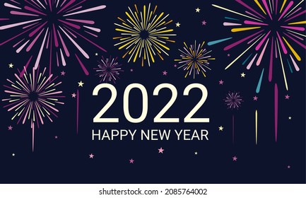 Vector illustration of New Year 2022, bright colorful fireworks on dark blue background, Abstract flat style, geometric design. Concept for holiday decoration, card, poster, banner, flyer.