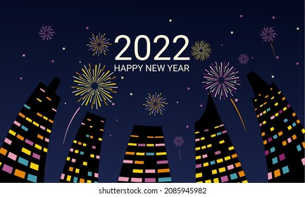 Vector illustration of New Year 2022, bright colorful fireworks on city view background, abstract flat style, geometric design. Concept for holiday decoration, card, poster, banner, flyer.