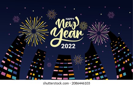 Vector illustration of New Year 2022, bright colorful fireworks on city view background, abstract flat style, geometric design. Concept for holiday decoration, card, poster, banner, flyer.