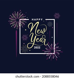Ilustración vectorial de Año Nuevo 2022, fuegos artificiales coloridos brillantes sobre fondo azul oscuro, Estilo plano abstracto, diseño geométrico. Concepto de decoración de vacaciones, tarjeta, cartel, cartel, volante.