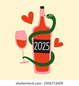 Vector illustration with New Year 2025 symbol, green snake with bottle and glass of red wine and hearts. Apparel print design, celebration poster template, greeting card.