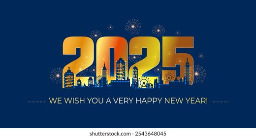 Vector illustration of New Year 2025 celebration background with modern decorated building, city skyline and fireworks sky.