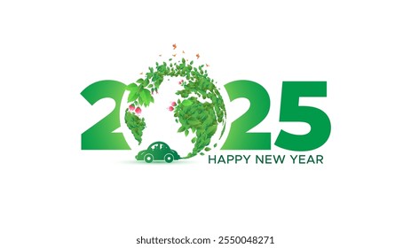 Vector illustration of New year 2025 number with Green world sustnable eco energy and technology logo concept.