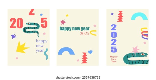 A vector illustration of a New Year 2025 card featuring three simple and fun designs with snakes symbolizing the Year of the Snake, perfect for celebrations, greetings, and festive events.