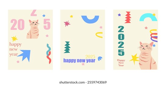 A vector illustration of a New Year 2025 card featuring three simple and fun designs with adorable cats, perfect for festive greetings, celebrations, and cat lovers.