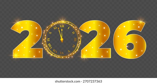 Ilustración vectorial del texto del año Nuevo 2026 con reloj sobre fondo transparente