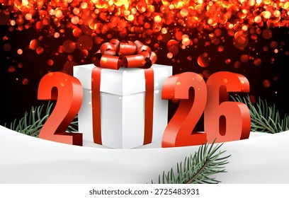 Ilustración vectorial de una caja de regalo blanca de Nuevo año 2026 con cinta roja, luces festivas brillantes y ramas de pino.