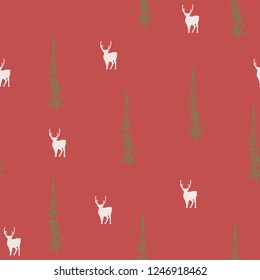 Vector illustration. New year background. Firs and deers silhouettes. Element of seamless pattern. Fabric print design.