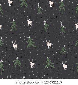 Vector illustration. New year background. Herringbones and deers silhouettes. Element of seamless pattern. Fabric print design.