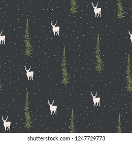 Vector illustration. New year background. Firs and deers silhouettes. Element of seamless pattern. Fabric print design.