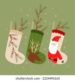 vector illustration new year background with christmas socks, christmas tree, santa claus and deer