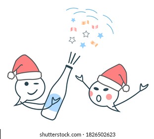 Vector illustration for the new year. A banner, a postcard, a man and a woman, a smiley face and a bottle of champagne. Fun and celebration of Santa Claus.