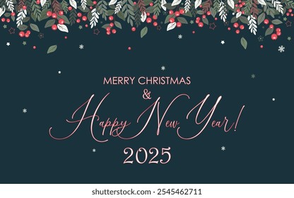 Vector illustration. New Year banner design with mistletoe leaves, stars, snowflakes on dark background. Banner, frame, New Year's card, Christmas greetings, advertising Merry Christmas 