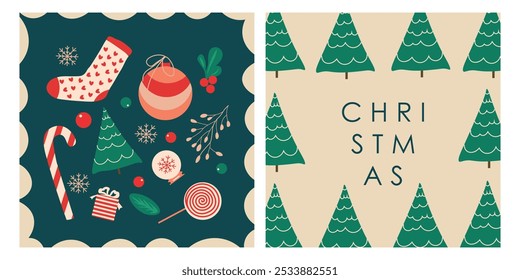 Ilustración vectorial. Anuncios, tarjetas, cubiertas del Año Nuevo. Felices Navidades, Feliz Año Nuevo. Juguetes del Año Nuevo. Diseño moderno. Decoración.
