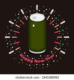 ilustración vectorial de la cerveza de año nuevo con fuegos artificiales como fondo y tipografía de texto.