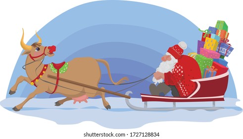 Vector illustration for New Year of the bull.  For cards, posters, calendars. Santa is riding in a sleight pulled by a cow.