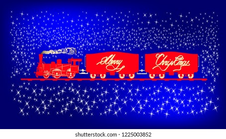 Vector illustration. New Year card. Railway train. Cartoon toy with colorful locomotive. 