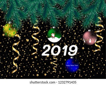 Vector illustration new year card. Christmas tree decorated with a Christmas ball and serpentine.